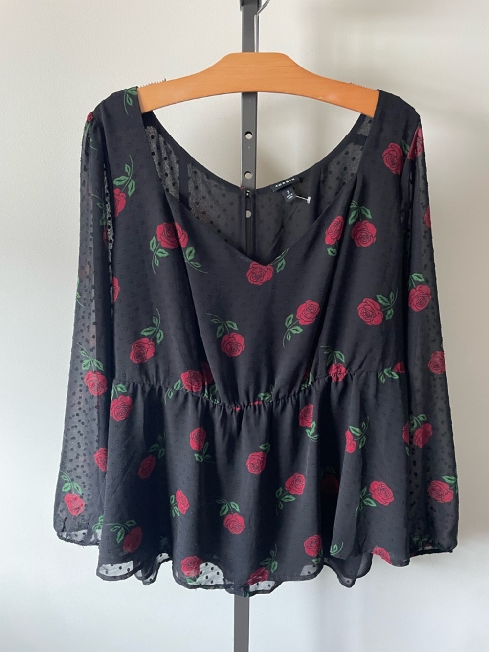 Torrid Peplum Rose Floral Clip Swiss Dot Blouse Whimsigoth Romantic Goth